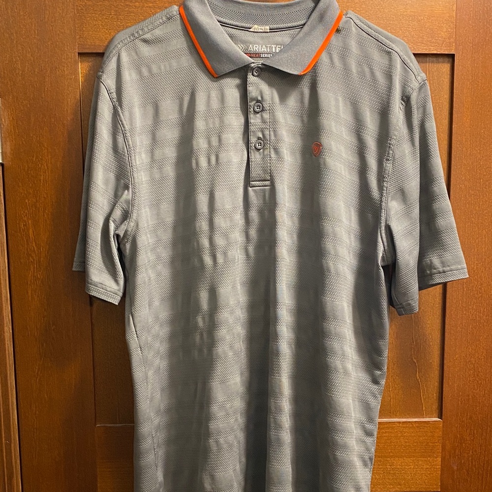 Ariat tek heat series Polo Shirt in Gray with Orange Accents. Size Men’s Large